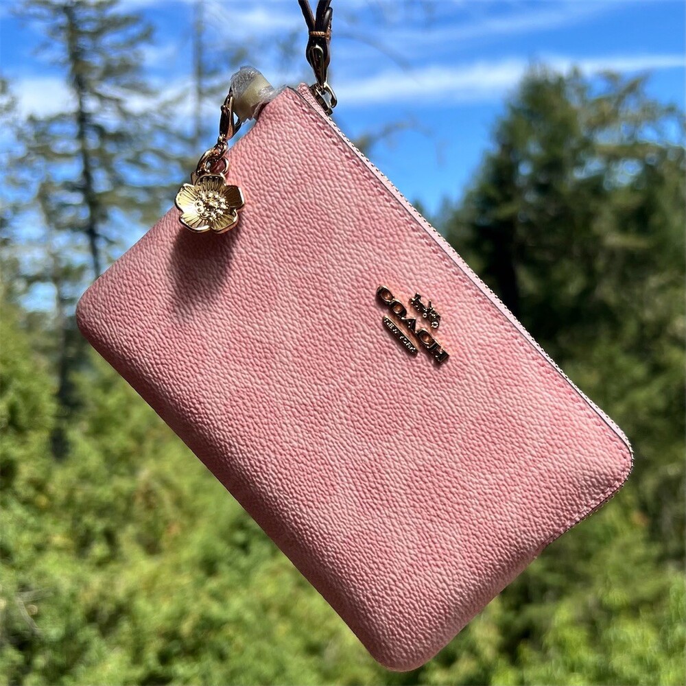 COACH Signature Canvas Powder Pink & Tea Rose Charm Wristlet Gold Hardware NWT